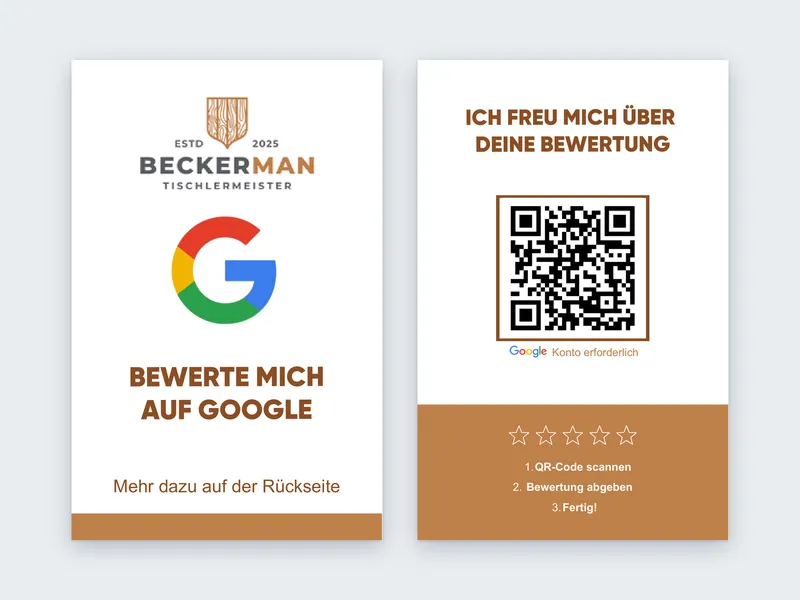 Vorder- und Rückseite der Bewertungskarte von BECKERMAN Tischlermeister in Weiß und Kupfer