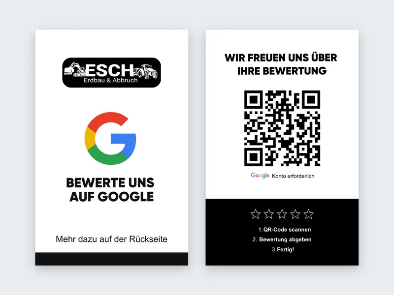 Vorder- und Rückseite der Bewertungskarte von Esch Erdbau und Abbruch mit Google Logo und QR-Code
