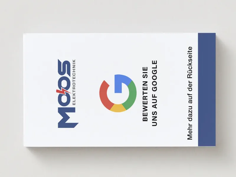 Vorderseite der Bewertungskarte von Moos Elektrotechnik mit Logo und Google Logo