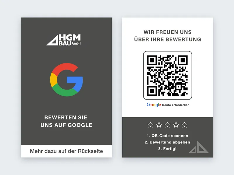 Vorder- und Rückseite der Bewertungskarte von HGM BAU in Dunkelgrau mit Google Logo und QR-Code