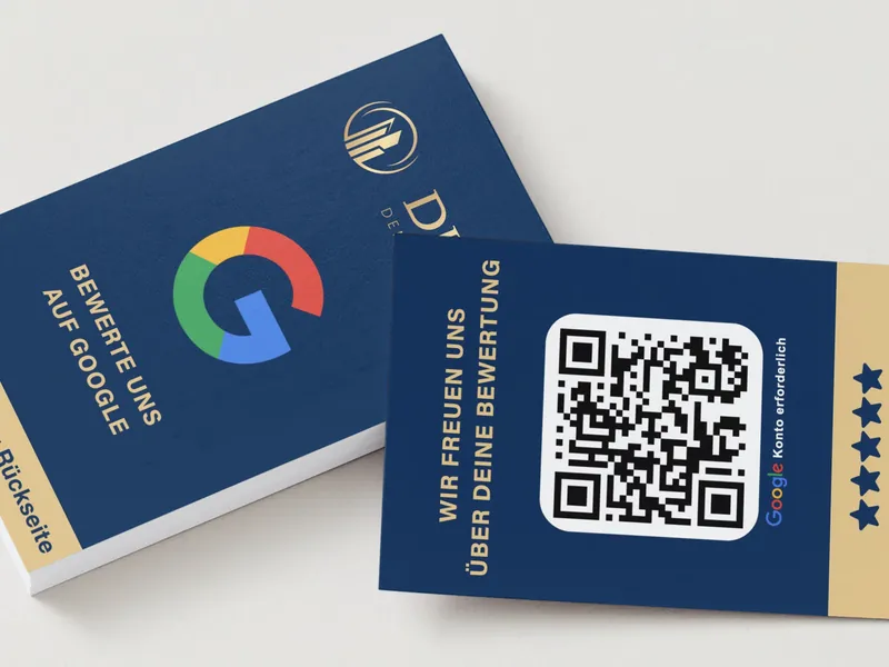 Dunkelblaue Bewertungskarten der DKIV GmbH mit Google Logo und QR-Code