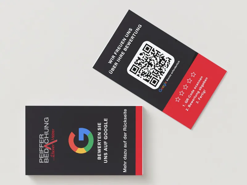 Dunkle Bewertungskarten von Peiffer Bedachungen mit rotem Akzent und QR-Code