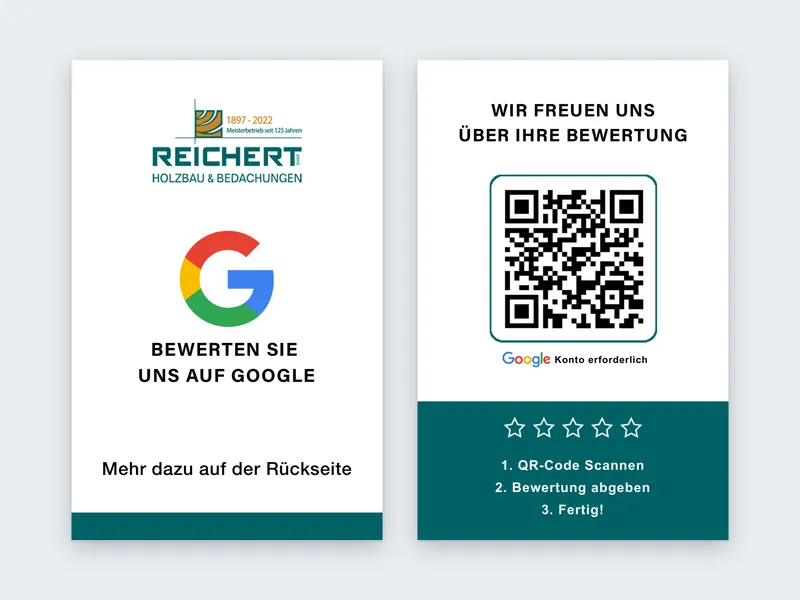 Vorder- und Rückseite der Bewertungskarte von Reichert Holzbau und Bedachungen mit Google Logo und QR-Code