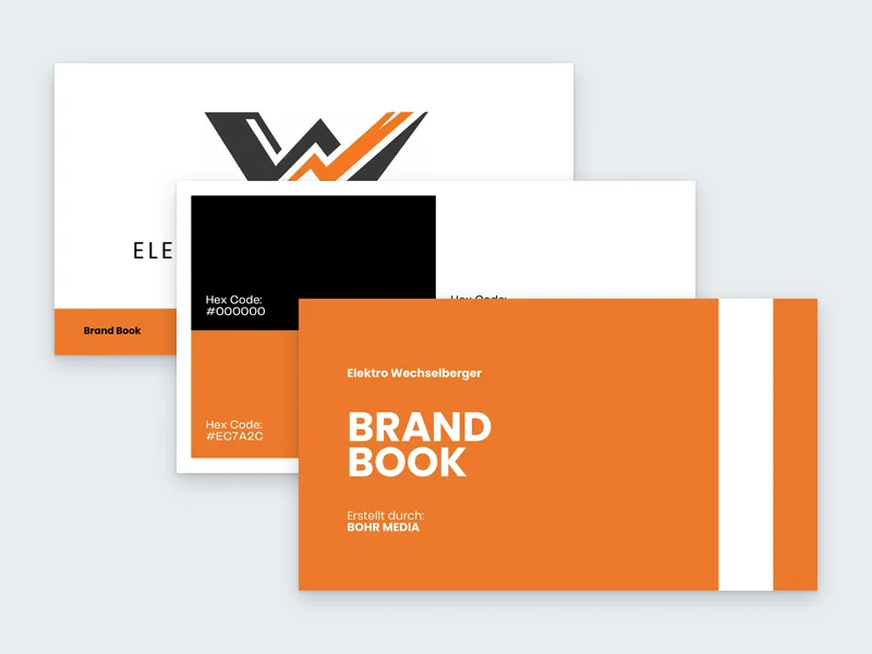 Seiten aus dem Brand Book von Elektro Wechselberger mit orangem Titelblatt, Farbpalette und Logo