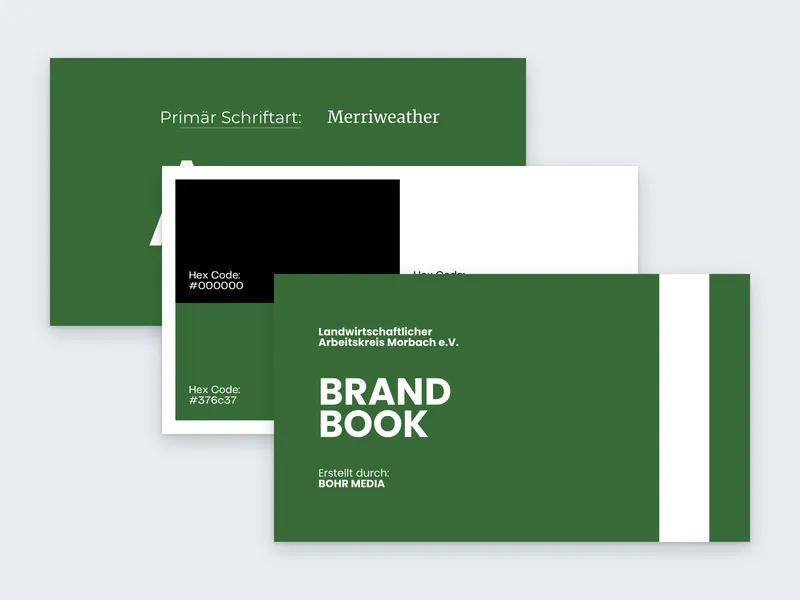 Seiten aus dem Brand Book des Landwirtschaftlichen Arbeitskreises Morbach mit Titelblatt, Farbpalette und Schrift