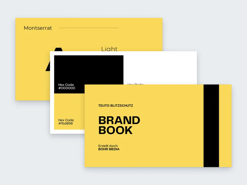 Seiten aus dem Brand Book von TEUTO Blitzschutz mit gelbem Titelblatt, Farbpalette und Schrift