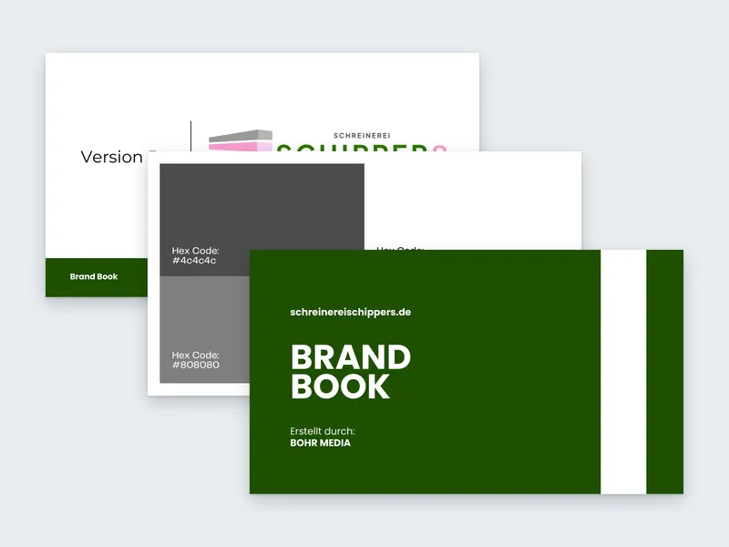 Seiten aus dem Brand Book der Tischlerei Schippers mit grünem Titelblatt, Farbpalette und Logovarianten