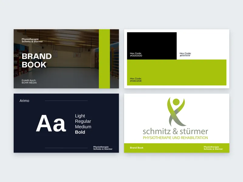 Vier Seiten aus dem Brand Book der Physiotherapie Schmitz & Stürmer mit Titelblatt, Farbpalette, Schrift und Logo