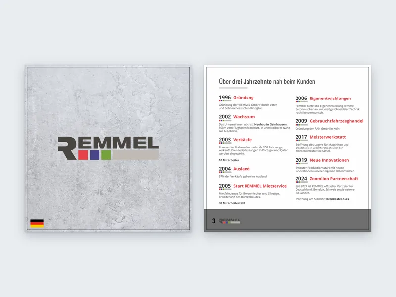 Titelseite und Firmenchronik aus der Broschüre der REMMEL AG