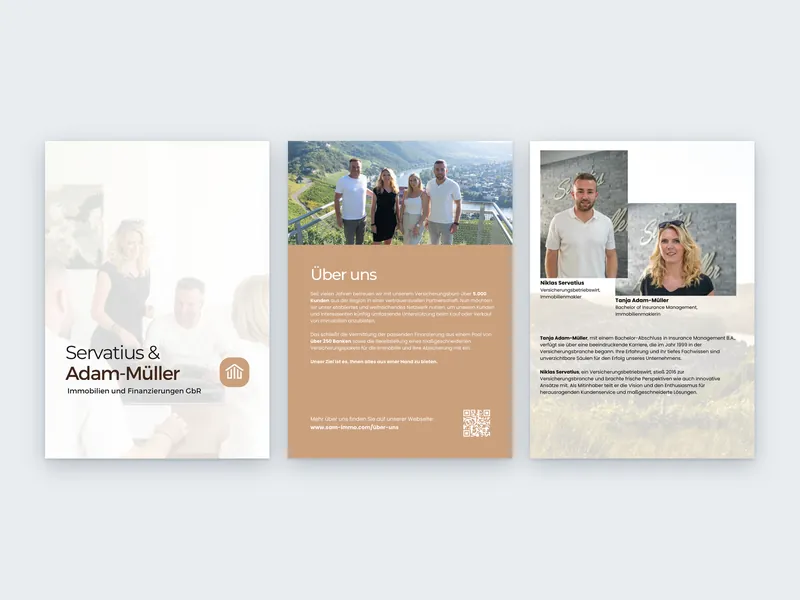 Drei Seiten der Imagebroschüre von Servatius & Adam-Müller mit Titelseite, Über uns und Team