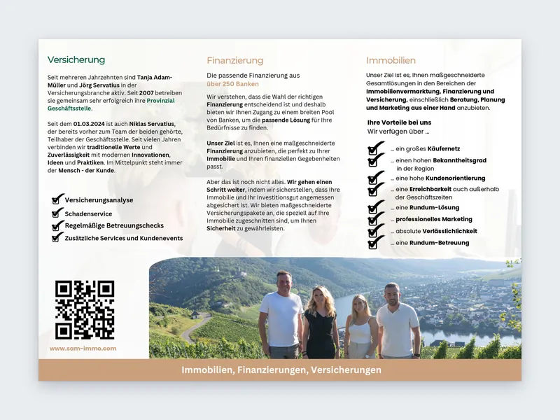 Innenseite des Flyers von SAM Immobilien mit Leistungen zu Versicherung, Finanzierung und Immobilien