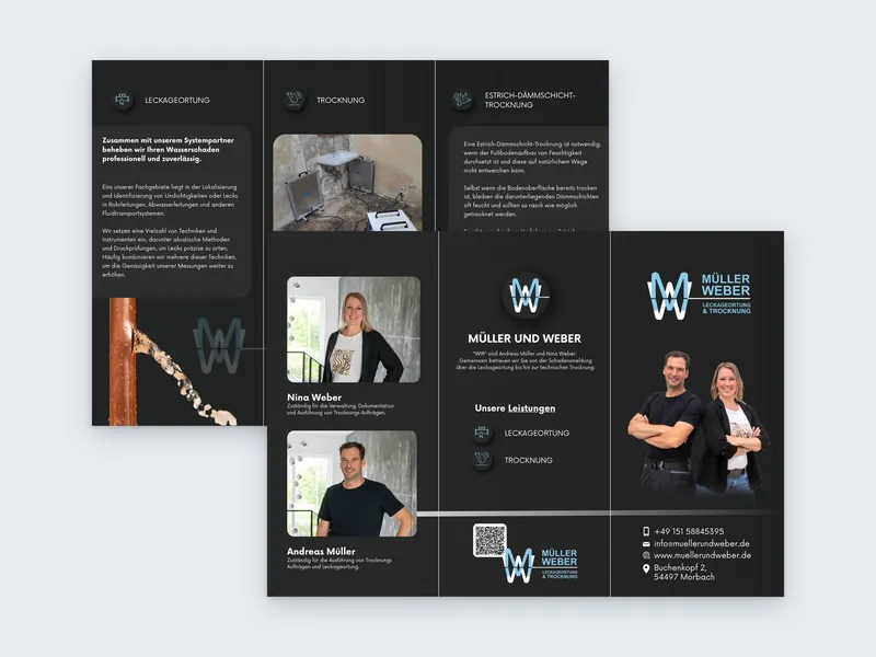 Außen- und Innenseite des Flyers von Müller & Weber mit Team, Leistungen und Fotos