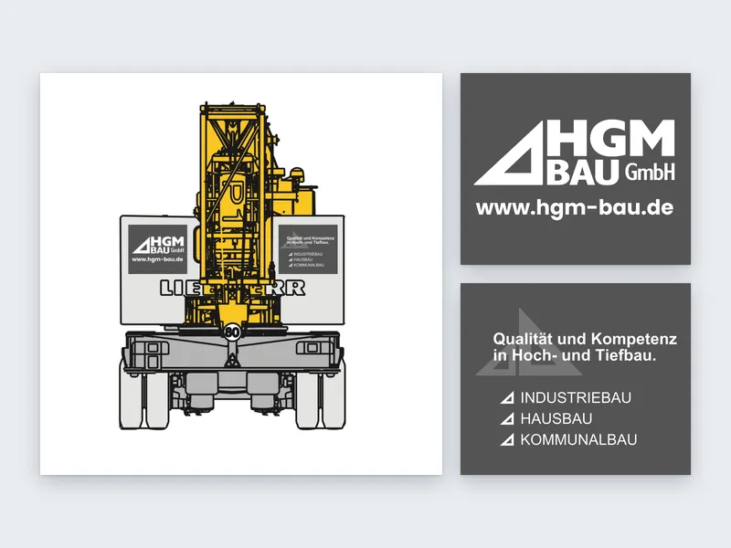Kranbeschriftung mit Logo und Leistungen von HGM BAU, gestaltet von BOHR MEDIA