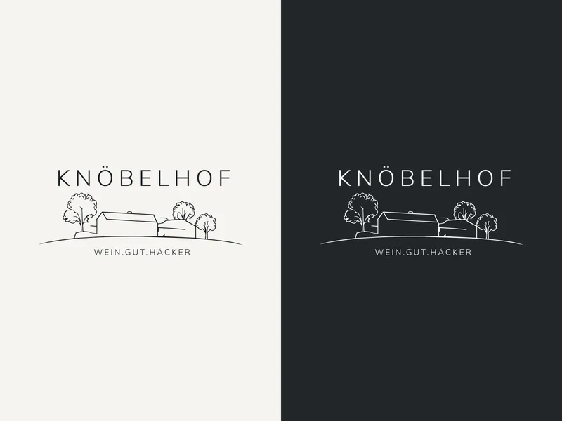 Logo des Weinguts Knöbelhof als Strichzeichnung mit Hof und Bäumen in Schwarz und in Weiß