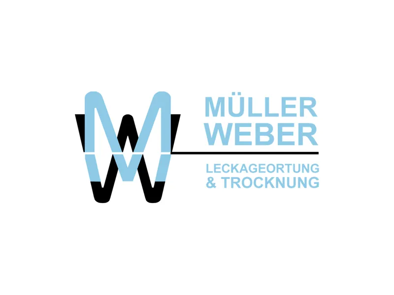 Logo von Müller & Weber Leckageortung und Trocknung mit verschlungenem MW in Hellblau und Schwarz
