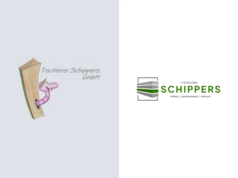 Altes und neues Logo der Tischlerei Schippers im Vergleich: links das alte Logo mit Holzwurm, rechts das neue Logo von BOHR MEDIA