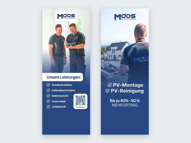 Zwei Roll-ups von Moos Elektrotechnik, eines mit Teamfoto und Leistungen, eines zu PV-Montage und PV-Reinigung