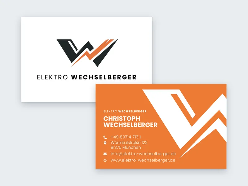 Visitenkarten von Elektro Wechselberger in Orange und Weiß, gestaltet von BOHR MEDIA
