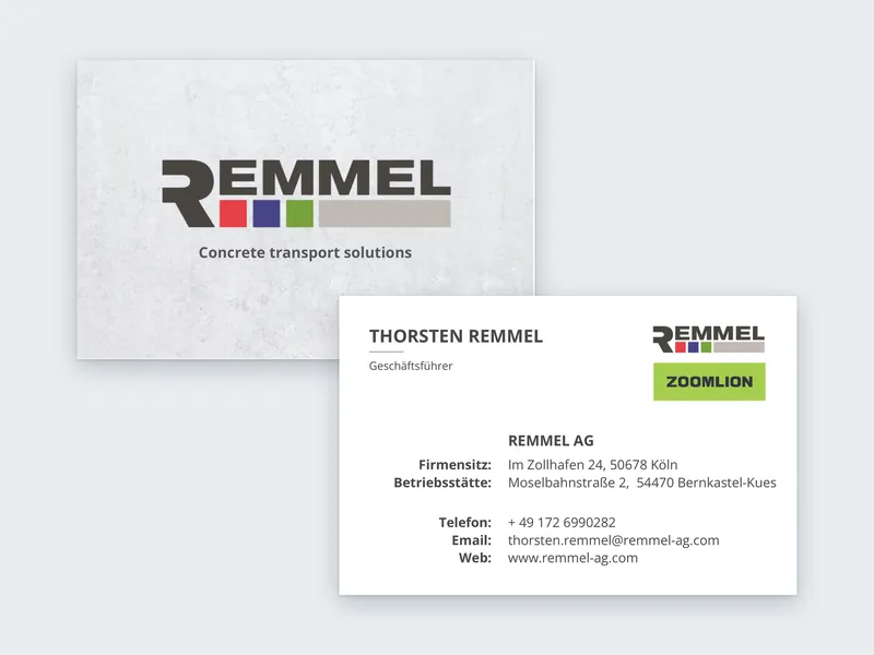 Vorder- und Rückseite der Visitenkarte der REMMEL AG mit Logo und Kontaktdaten