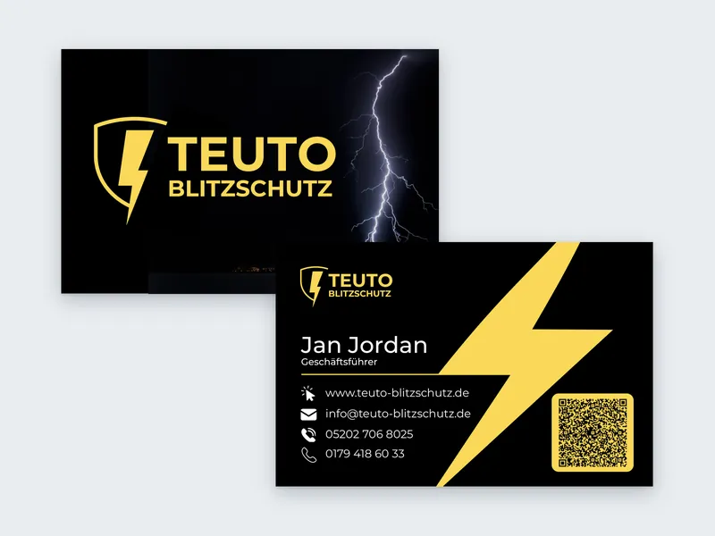 Visitenkarten von TEUTO Blitzschutz in Schwarz und Gelb mit Blitz, gestaltet von BOHR MEDIA