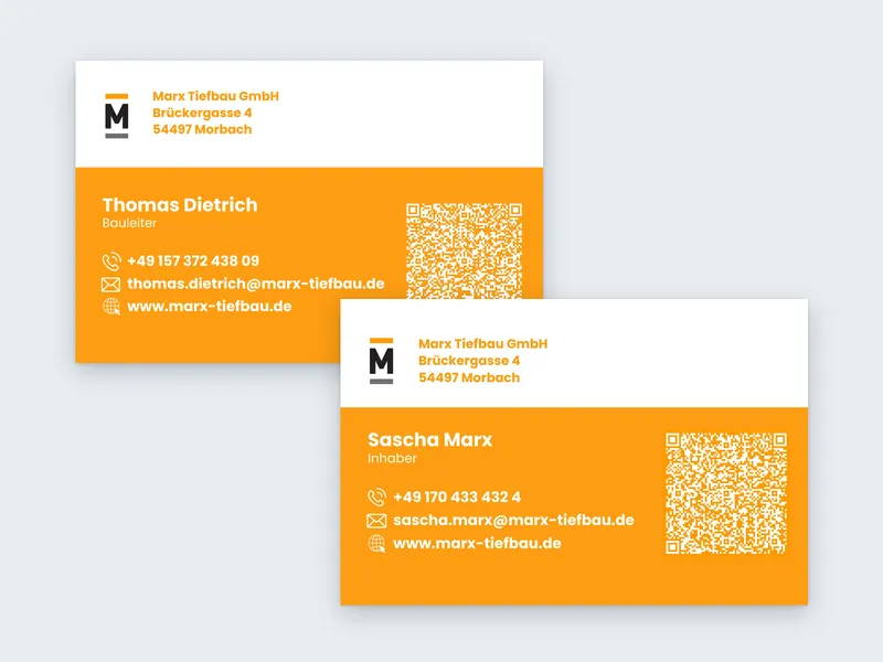 Orange Visitenkarten für das Team von MARX Tiefbau mit Logo und QR-Code