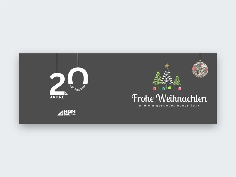 Außenseite der Weihnachtskarte von HGM BAU zum 20-jährigen Firmenjubiläum mit Logo und Weihnachtsgruß